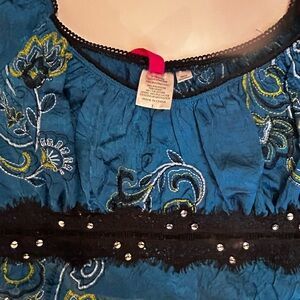 Embroidered Teal Women's Peasant Top with Beaded Trim